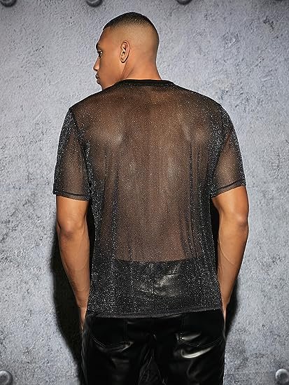 Men's Glitter Mesh Sheer Round Neck Short Sleeve  Shiny Tee Tops